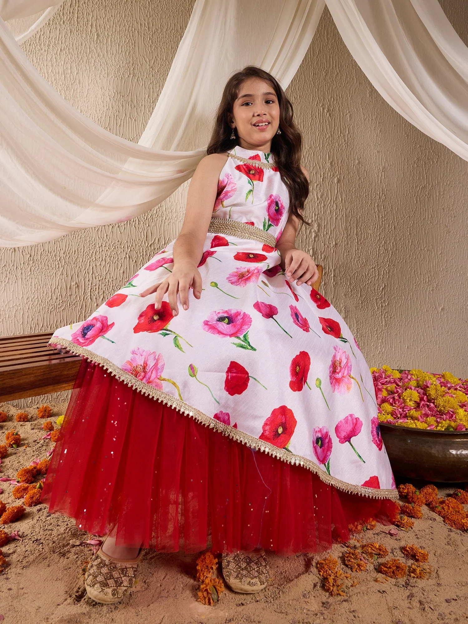 Pspeaches Girls Silk Blend Sleeveless Round Neck Gota Pati Embellished Lehenga Choli Set with Dupatta for Girls (IW-OFFWHITEGOWN) - Image 7