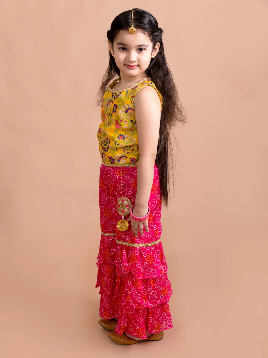 Girls Magenta Floral Embroidered Kurti with Sharara (SHA-Magentabandhej) - Image 3