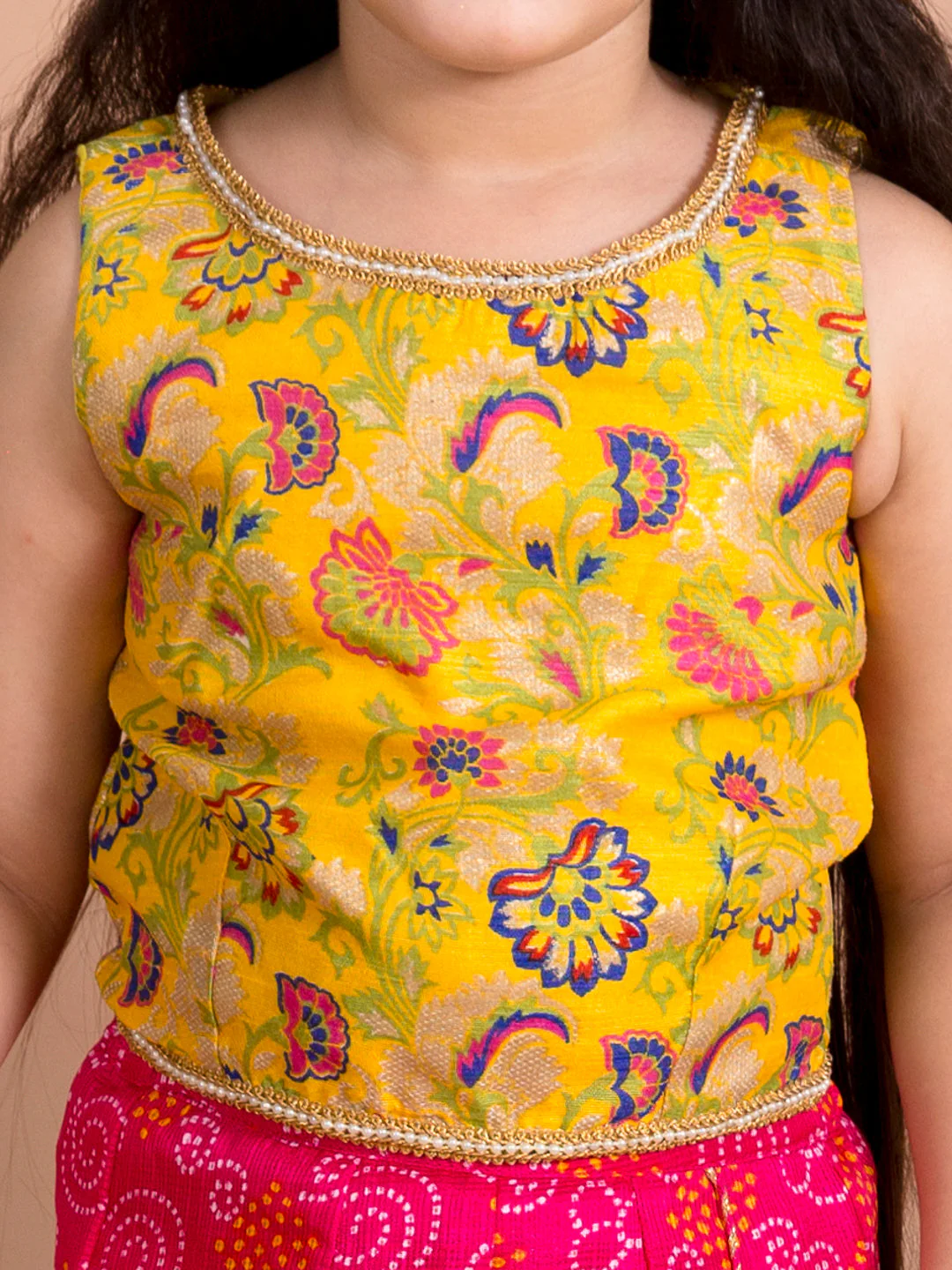 Girls Magenta Floral Embroidered Kurti with Sharara (SHA-Magentabandhej) - Image 4