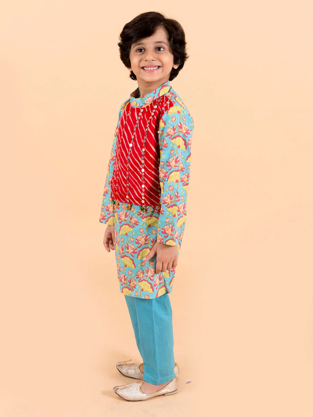 Boys Sea Green Printed Kurta with Pyjama Set (Kp-lotus) - Image 3