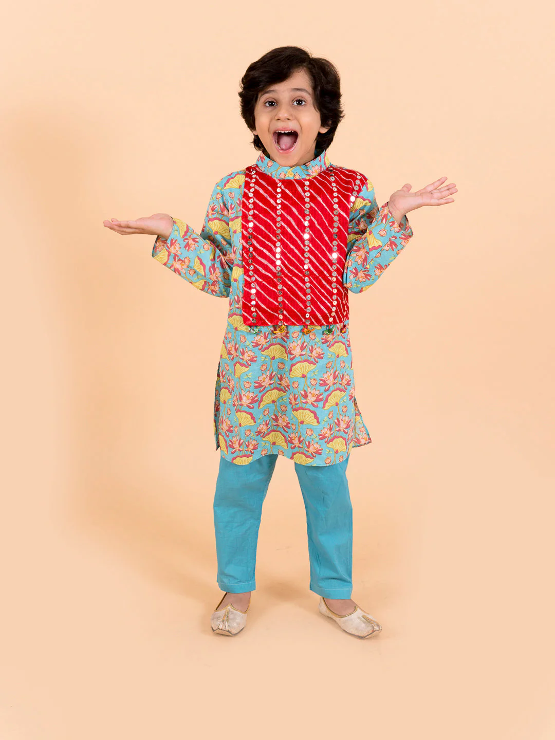 Boys Sea Green Printed Kurta with Pyjama Set (Kp-lotus) - Image 6