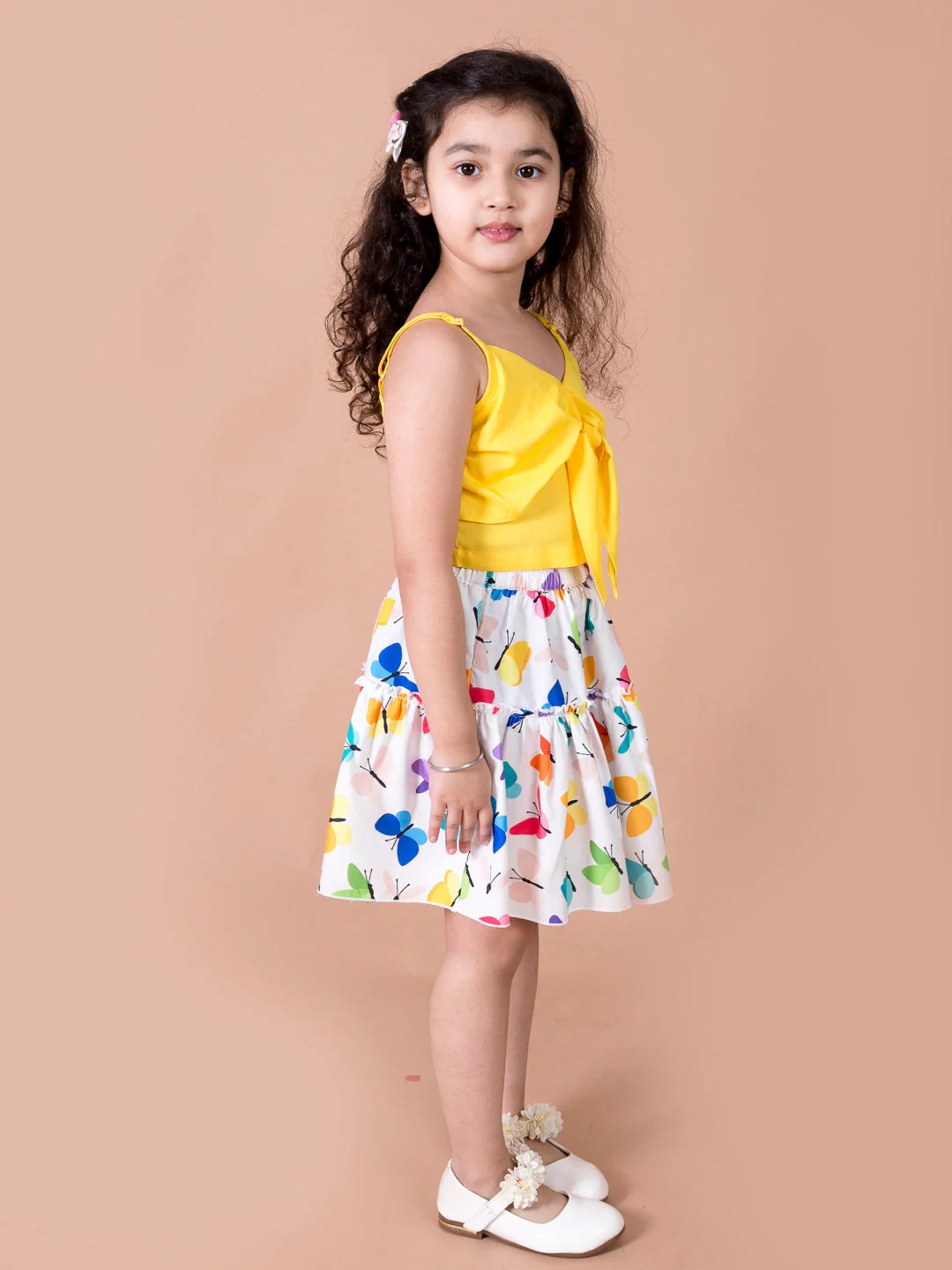Girls Girls Yellow Solid sleeveless Shoulder Straps Top with Multicoloured printed Skirt  (sk-multibutterfly) - Image 3
