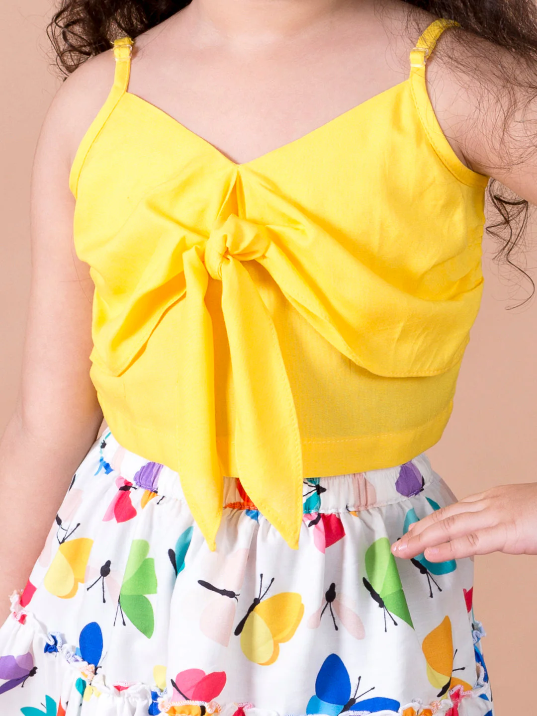 Girls Girls Yellow Solid sleeveless Shoulder Straps Top with Multicoloured printed Skirt  (sk-multibutterfly) - Image 4
