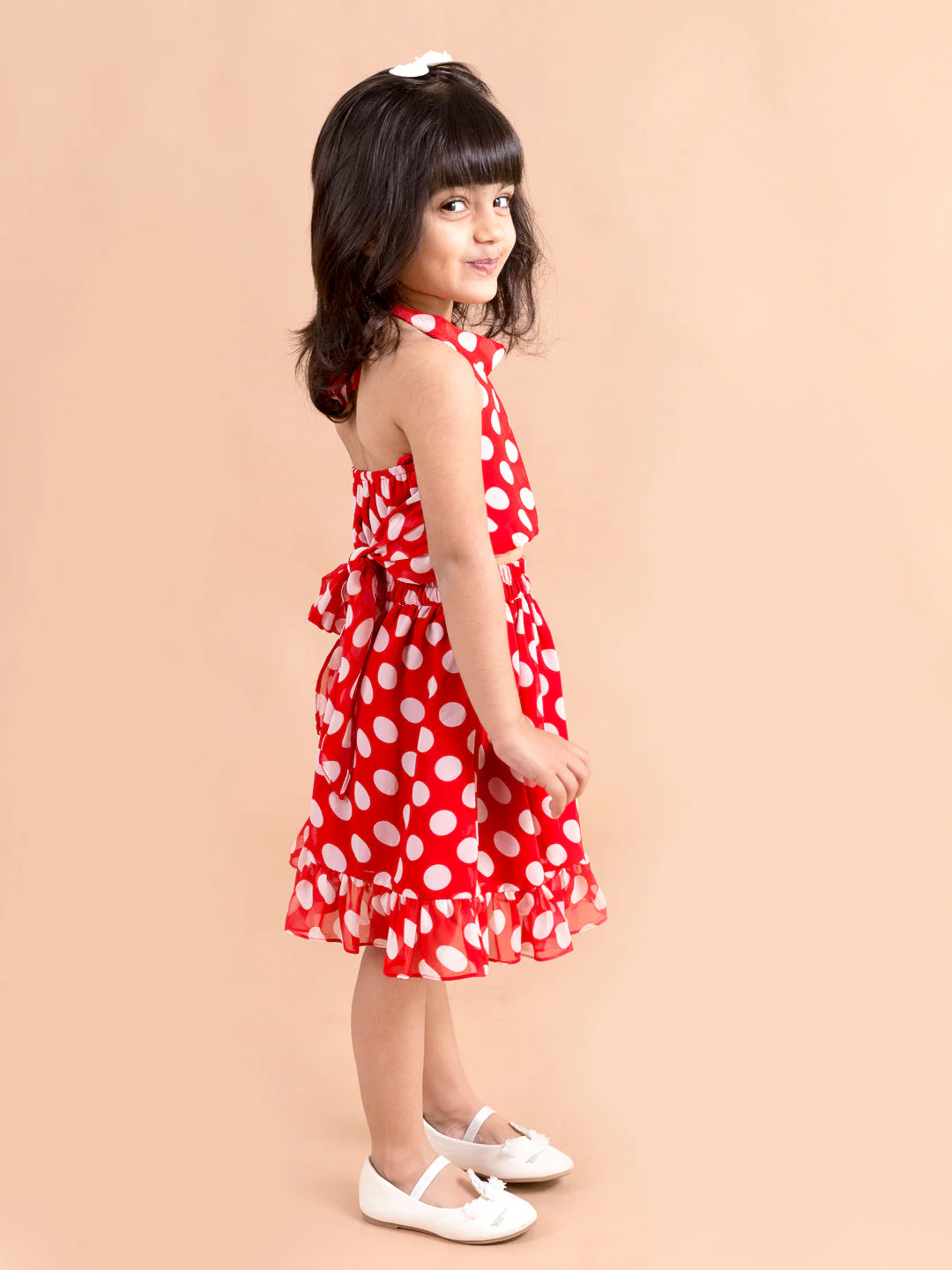 Pspeaches Girls Red White Printed Top With Skirt (SK-RED POLKA) - Image 3