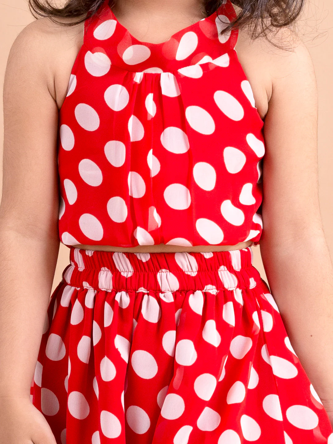 Pspeaches Girls Red White Printed Top With Skirt (SK-RED POLKA) - Image 4