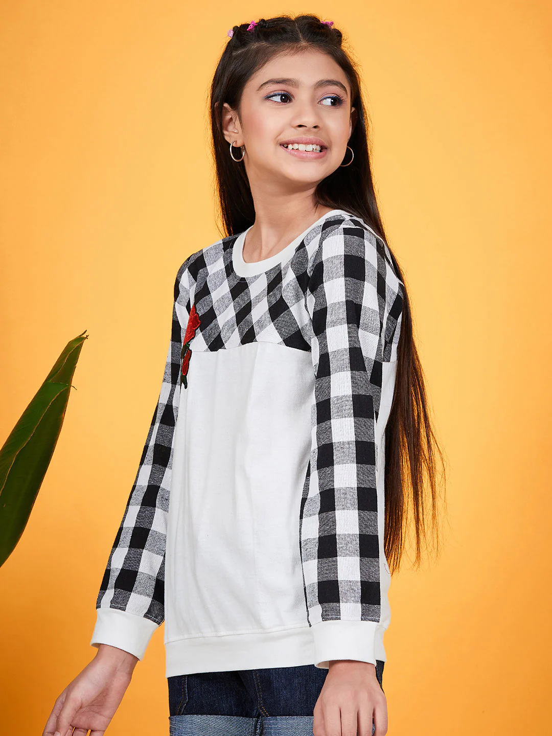 Girls Checked Round Neck Long Sleeves Applique Cotton Top (t-blackrose) - Image 3