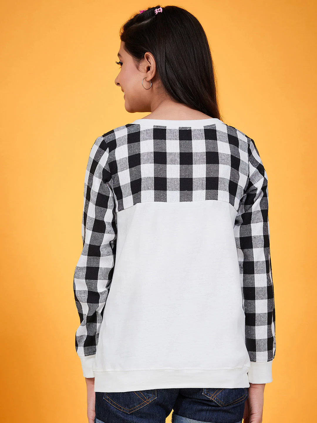 Girls Checked Round Neck Long Sleeves Applique Cotton Top (t-blackrose) - Image 5