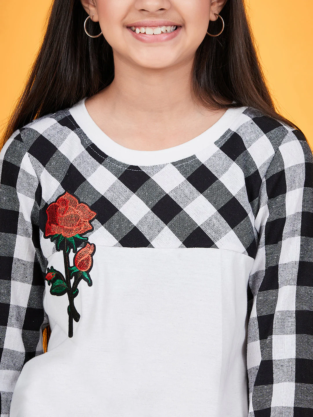 Girls Checked Round Neck Long Sleeves Applique Cotton Top (t-blackrose) - Image 6