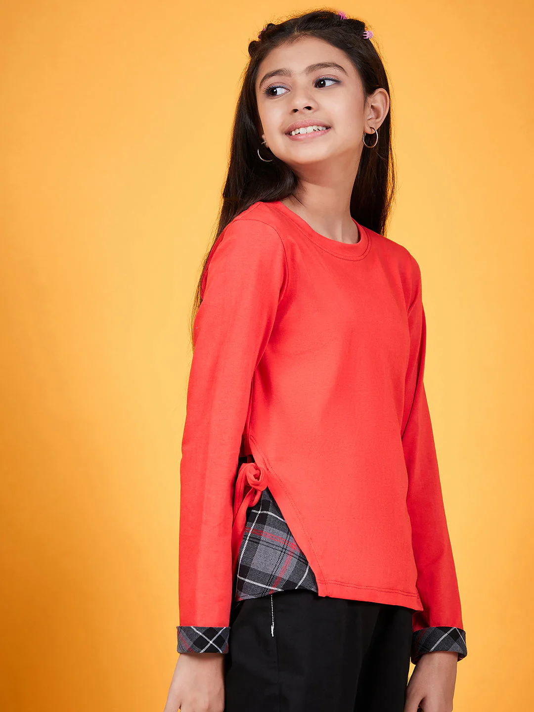 Girls Round Neck Tie-Ups Cotton High-Low Top (t-redcheck) - Image 4