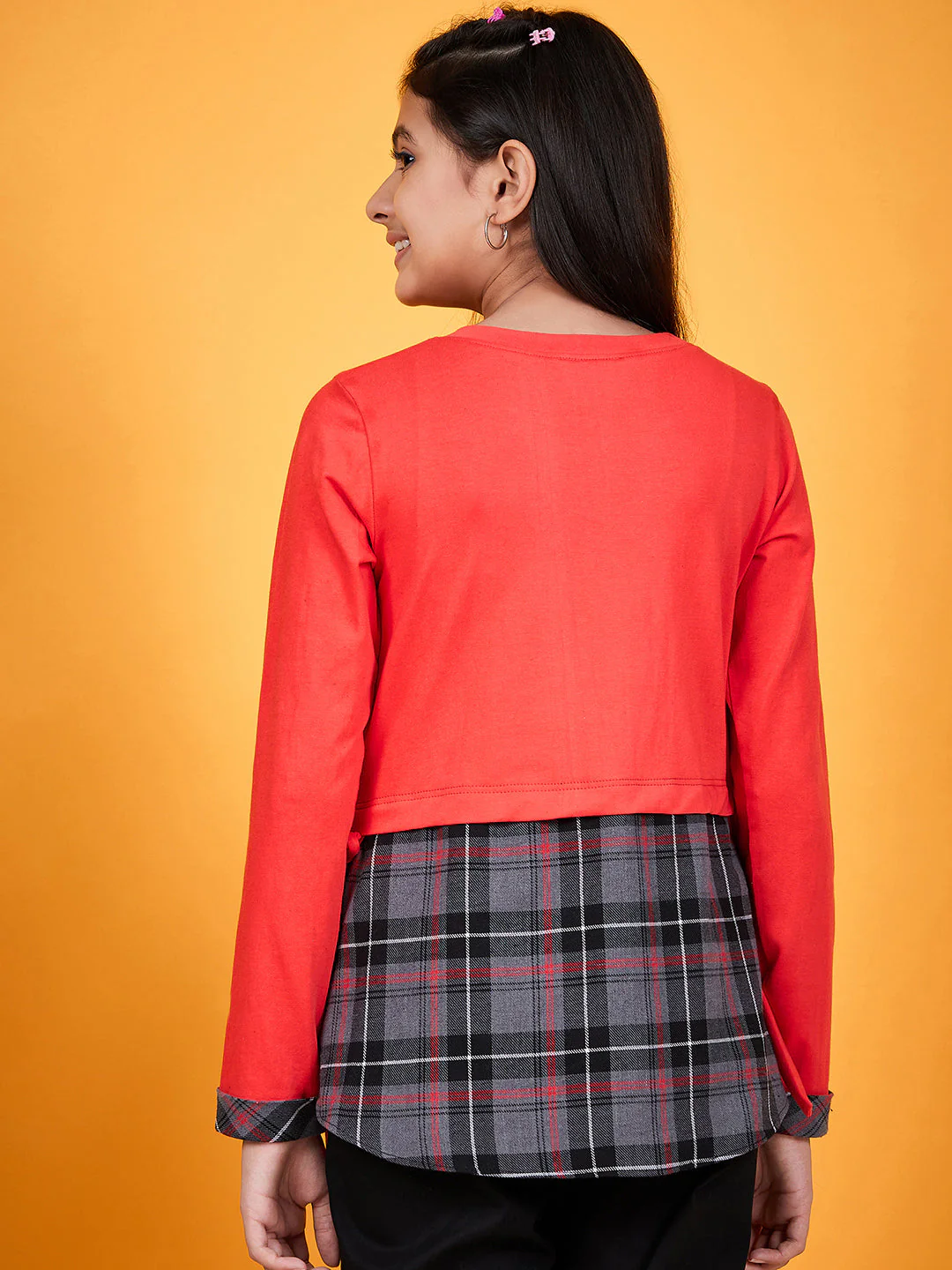 Girls Round Neck Tie-Ups Cotton High-Low Top (t-redcheck) - Image 5