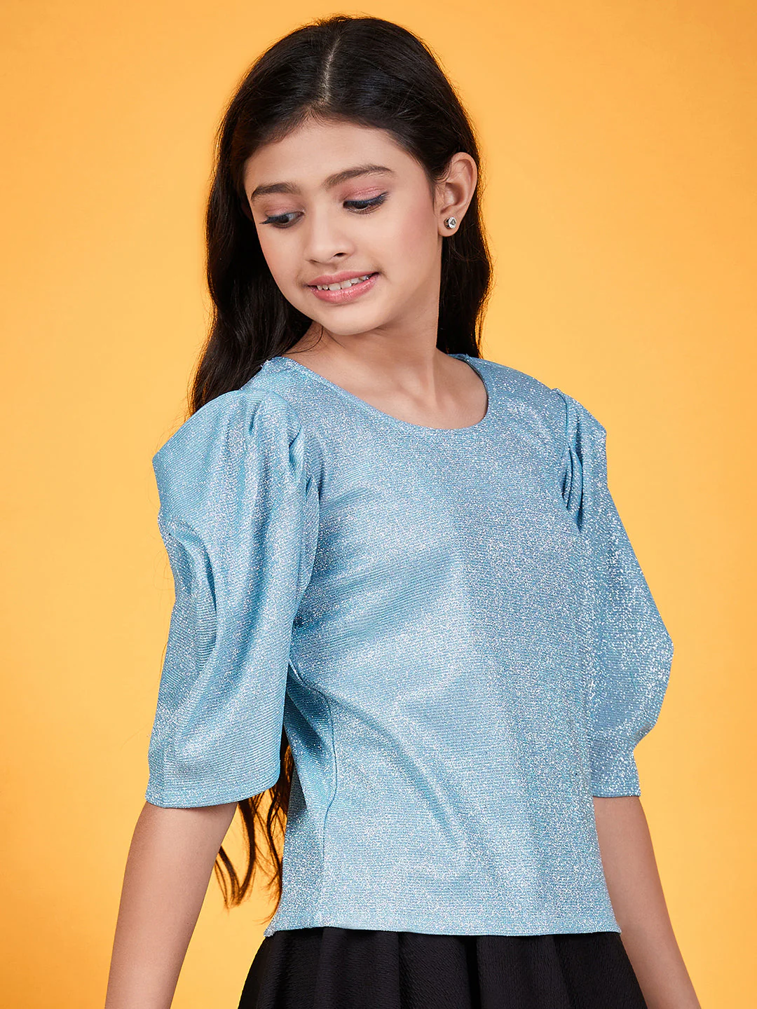 Girls Shimmer Round Neck Puff Sleeves Top (t-turqshim) - Image 4