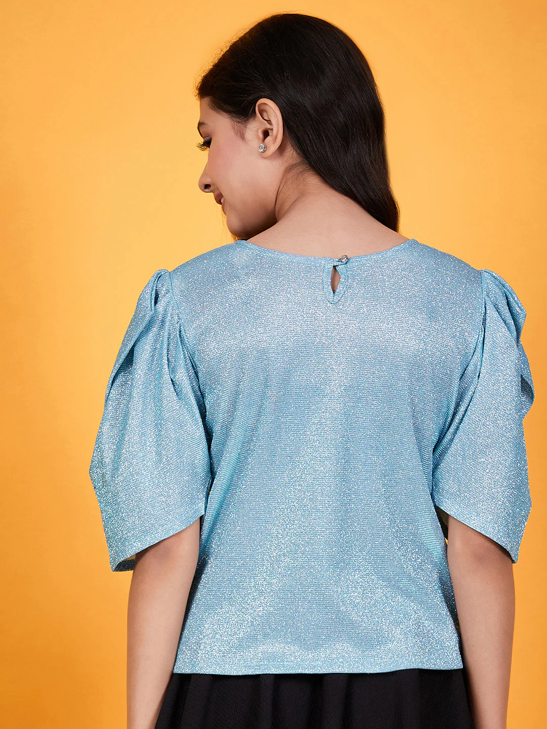 Girls Shimmer Round Neck Puff Sleeves Top (t-turqshim) - Image 5
