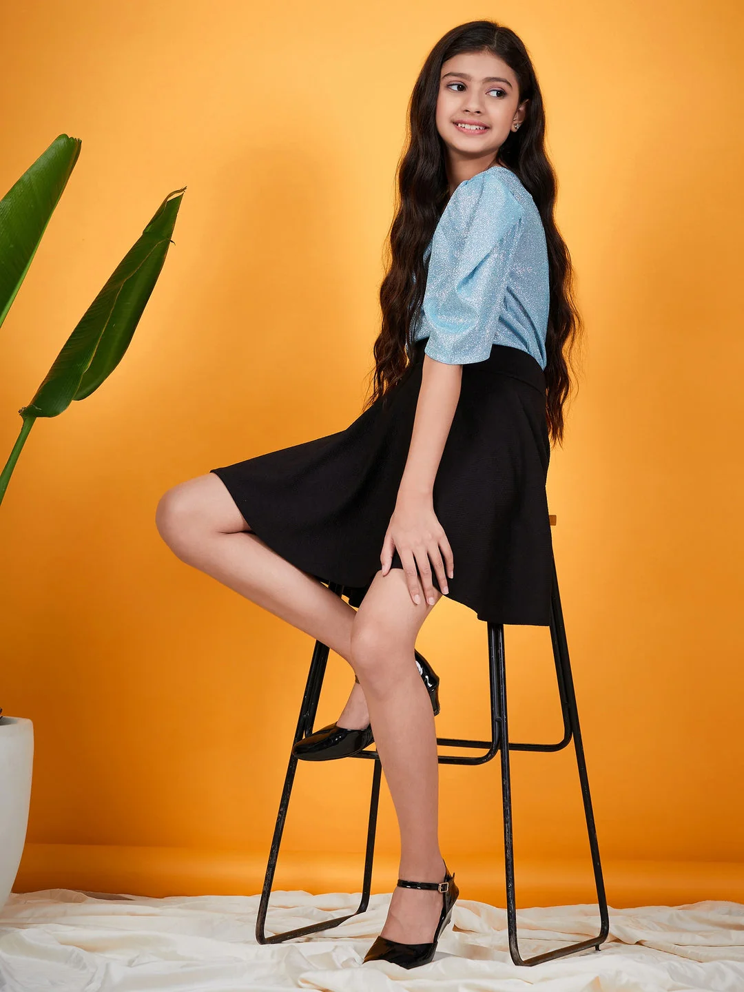 Girls Shimmer Round Neck Puff Sleeves Top (t-turqshim) - Image 7