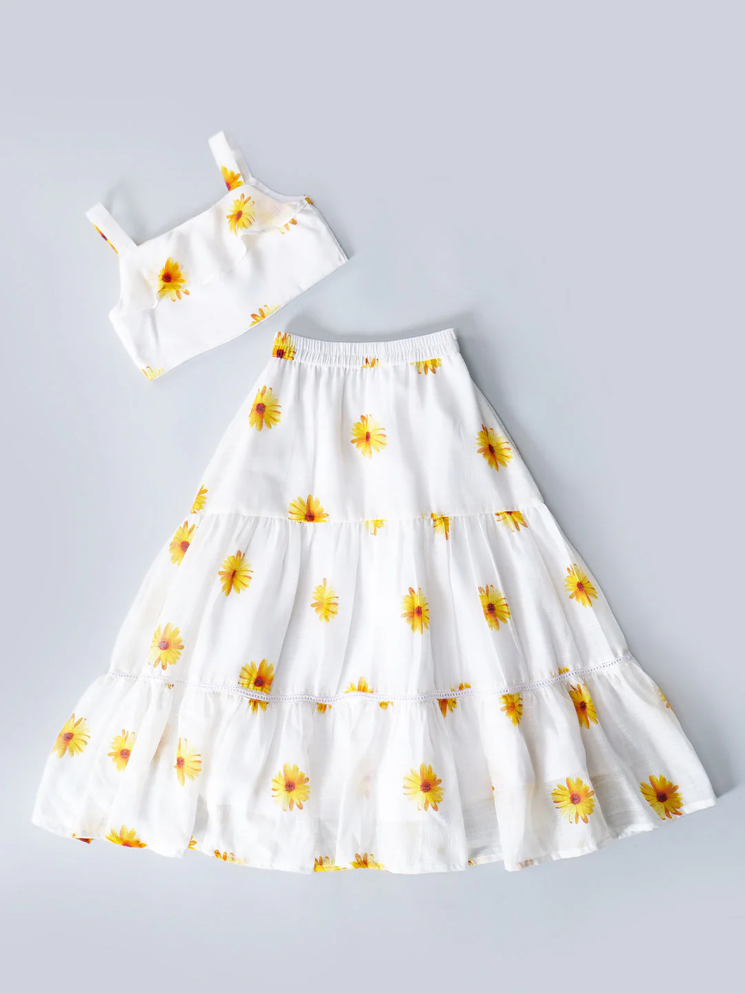 White Top And Skirt Set With Yellow Floral Print (Sk25018012) - Image 3