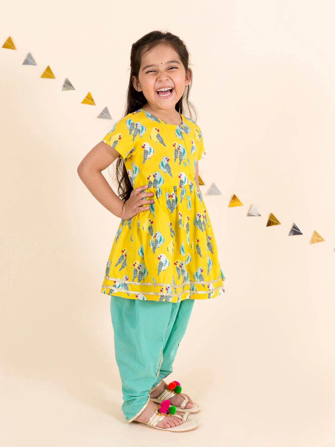 Girls Yellow Floral Printed Empire Pure Cotton Kurti with Dhoti Pants (Dh-Parrots) - Image 3