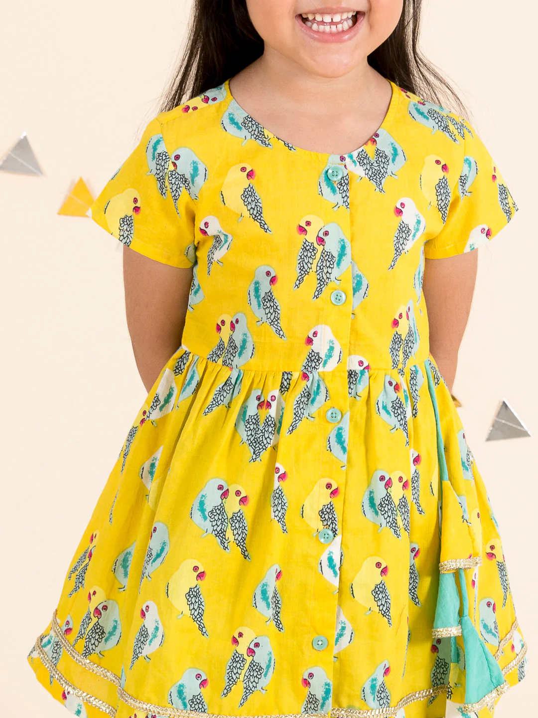 Girls Yellow Floral Printed Empire Pure Cotton Kurti with Dhoti Pants (Dh-Parrots) - Image 4